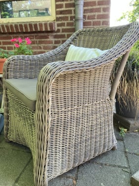 4 dining tuinstoelen naturel rotan met zit- en rugkussens en opbergtas