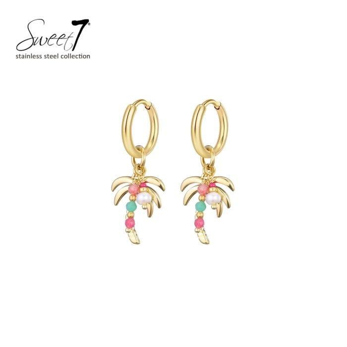 Oorbellen goudkleurige met palmboom hanger en kleurrijke kralen