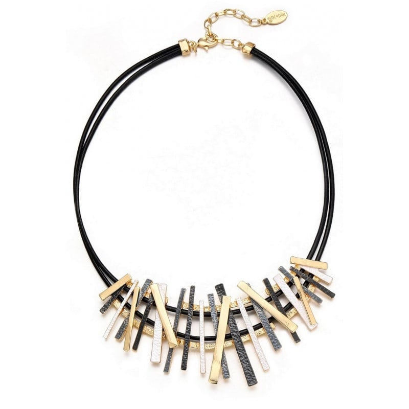 Halsketting met zwart leer en metalen staafjes