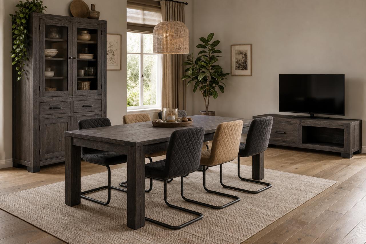 Henders & Hazel set: vitrinekast, tv-meubel, eettafel + 6 stoelen