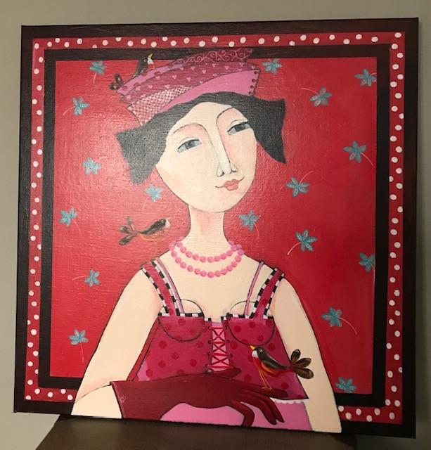 Schilderij "Vogel op mijn hoed" 60 x 60 cm Acryl op linnen