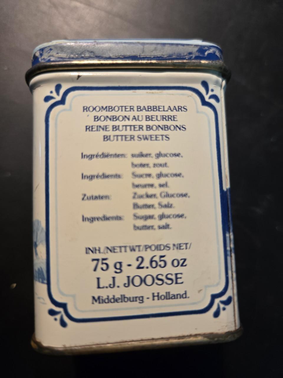 75 grams blikje L.J. Joosse Middelburg Roomboter Babbelaars. Leeg.