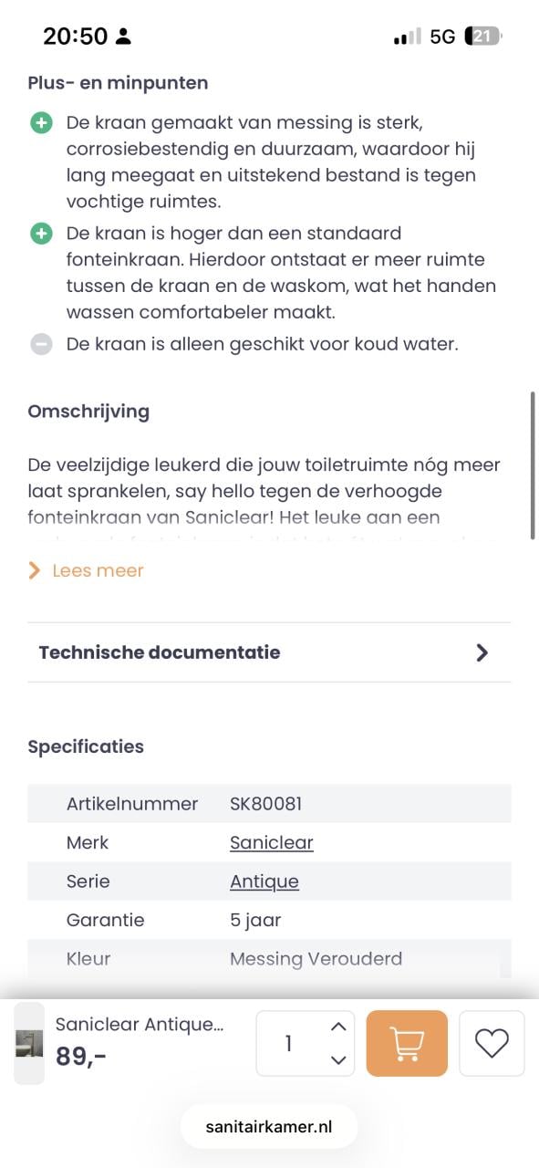 Toiletkranen Saniclear verouderd messing