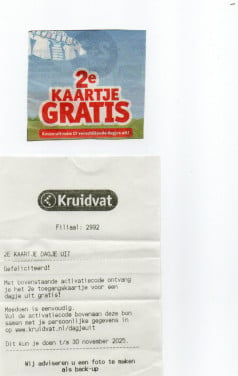 Activatiecode van Kruidvat voor tweede Toegangskaartje gratis voor € 2,50