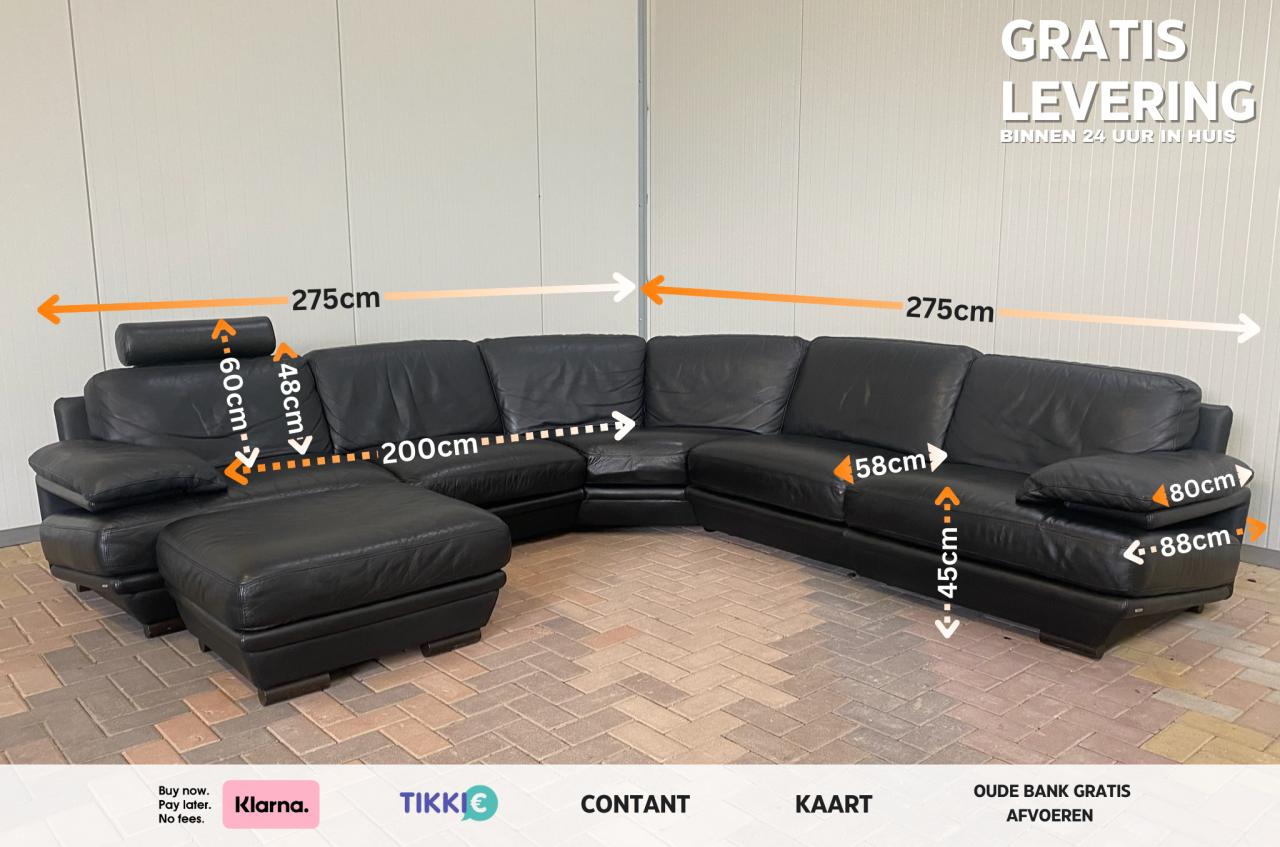Natuzzi Plaza Hoekbank met Hocker–Echt Zwart Leer–Luxe Lounge Comfort