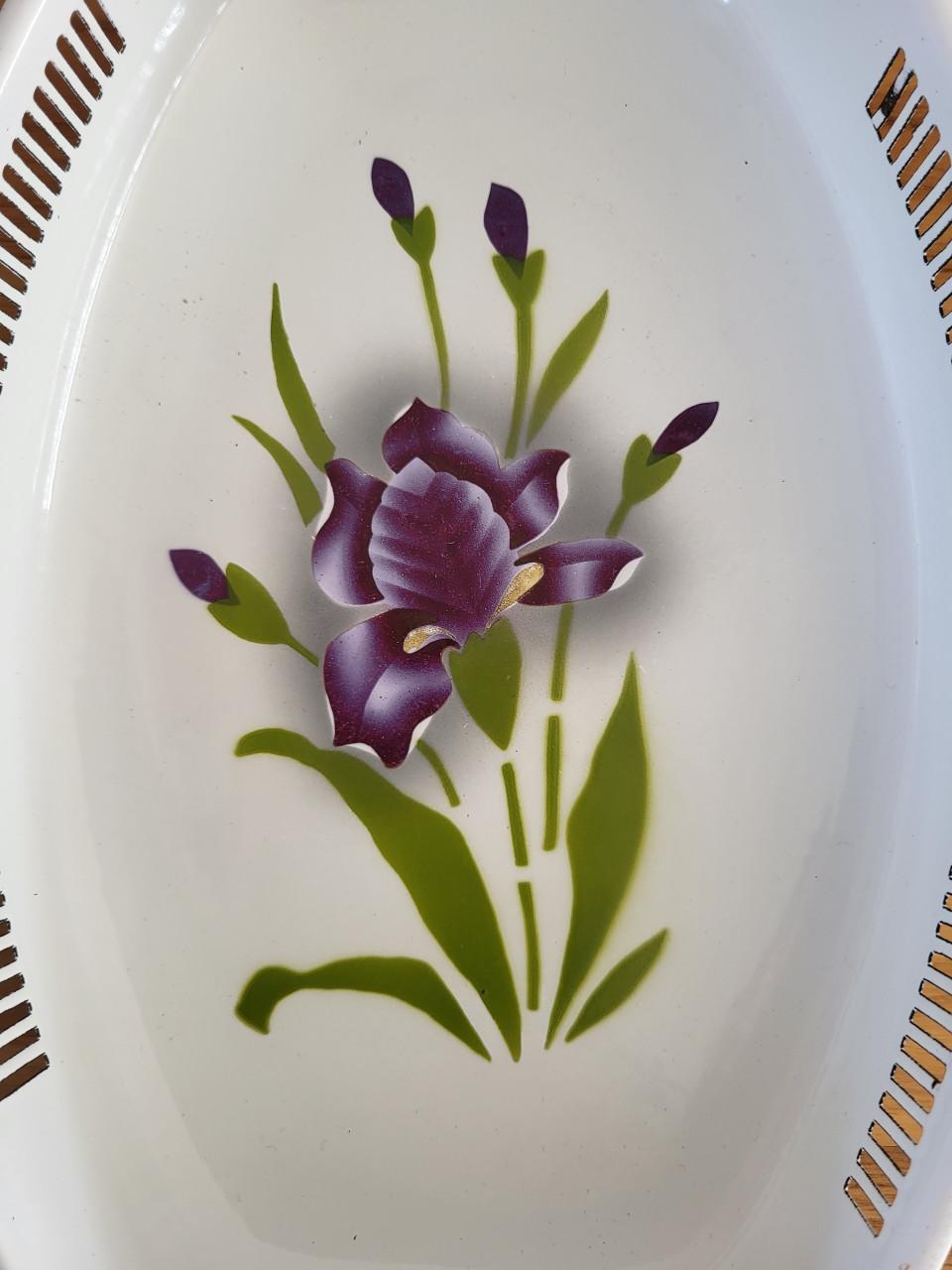 Brocante emaille schaal broodschaal broodmand iris