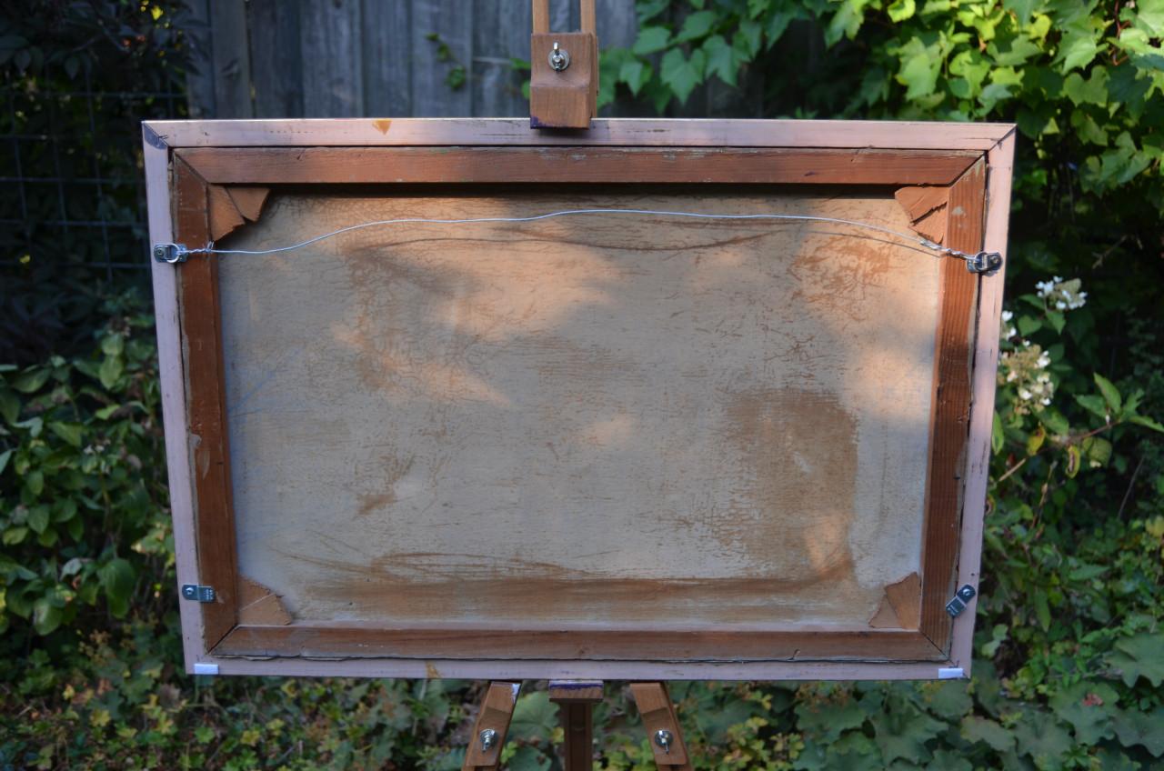 Olieverf op doek Landweg, boerin met kruiwagen J Millinger