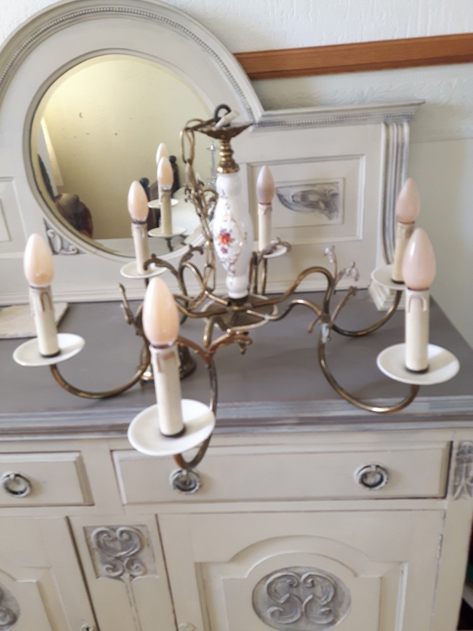 Brocante Engels porseleinen kroonluchter met roosjes