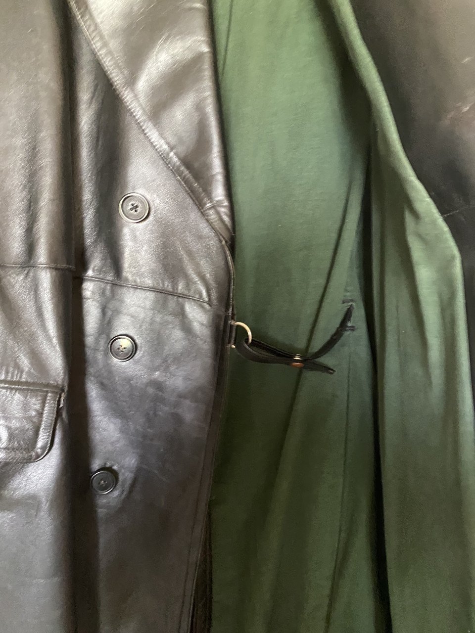 Lange zware vintage leren jas, xl/xxl, motor solex brommer