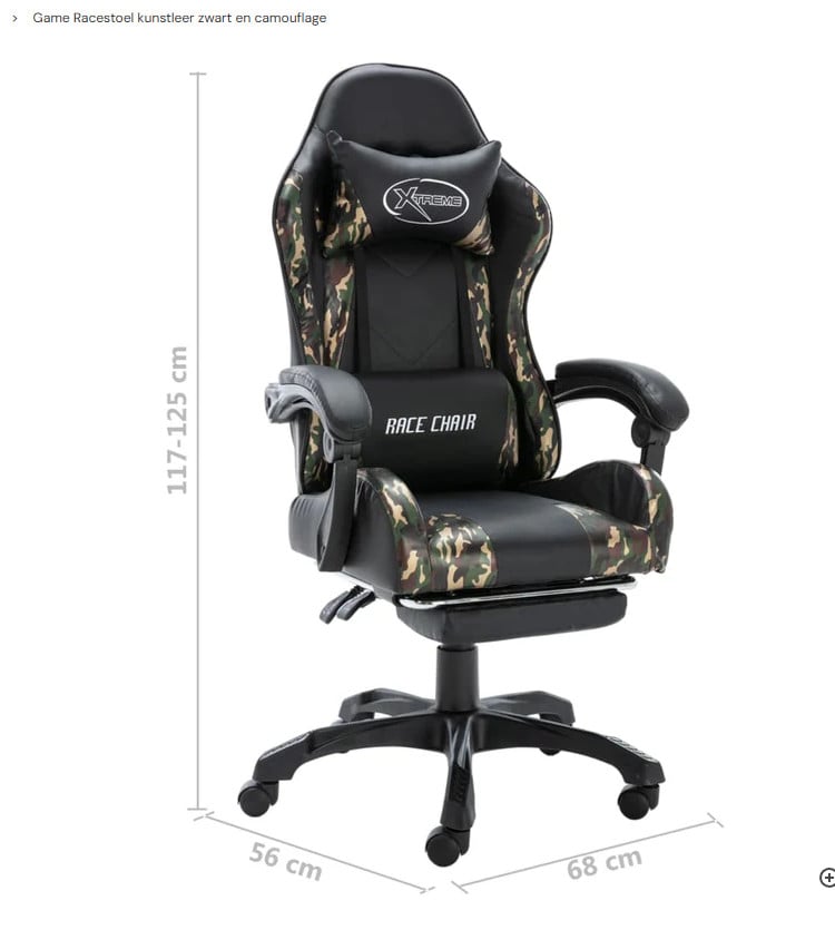 Game Racestoel kunstleer zwart en camouflage casaXL