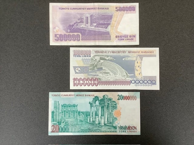 Turkije 3 bankbiljetten 500.000, 1.000.000 en 20.000.000 Lira.