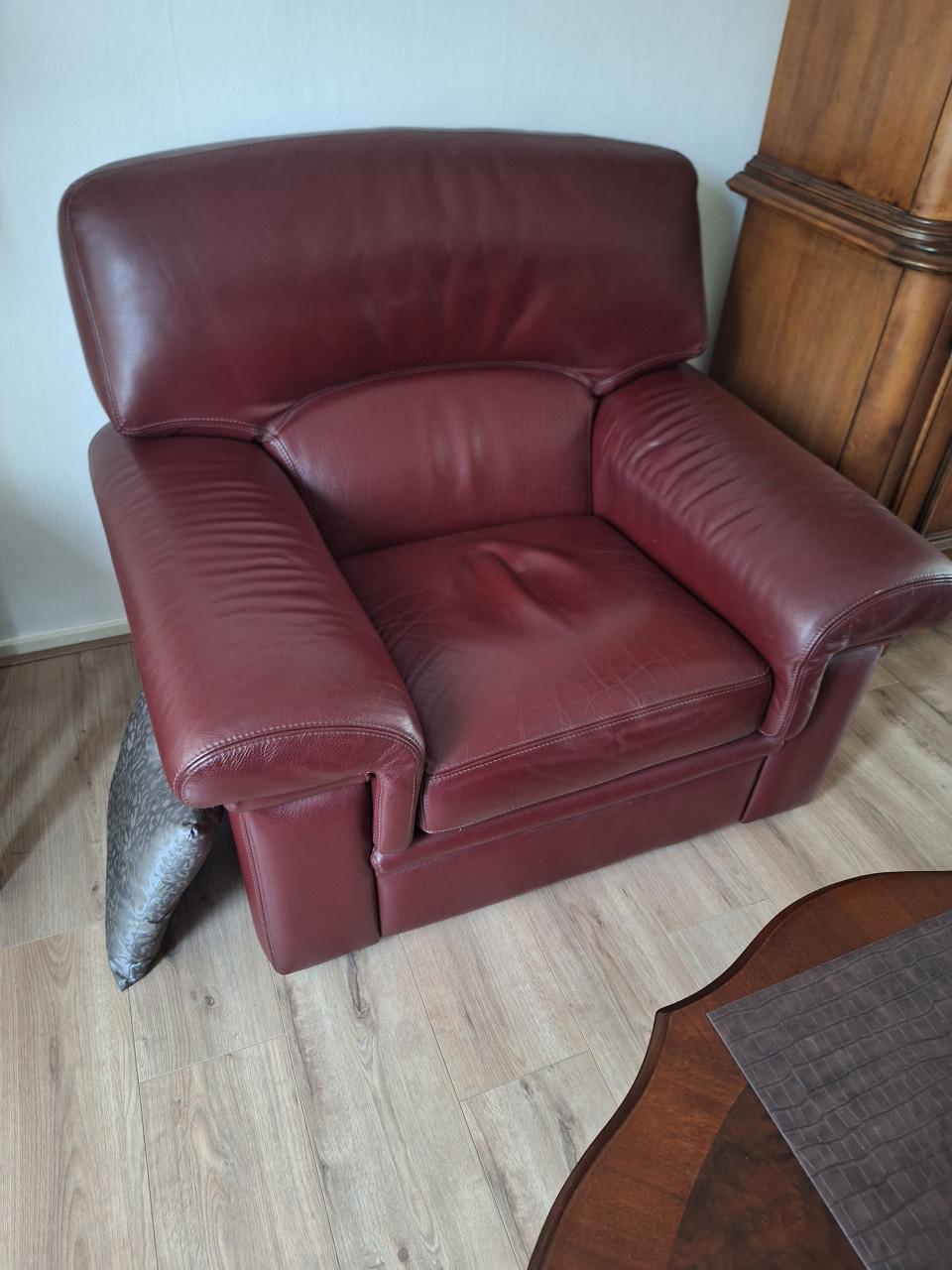 Leren 3-zits bankstel / 2 fauteuils wijnrood