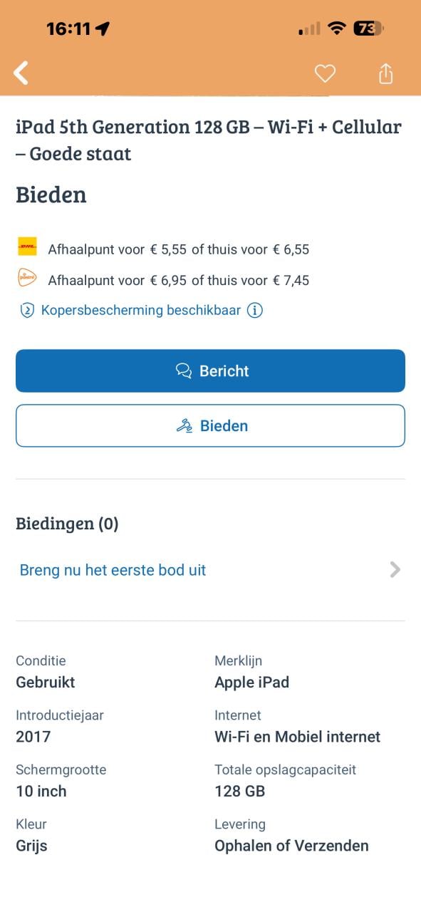 Te koop; I-pad5 goed werkend onbeschadigd APPLEwifi cellular