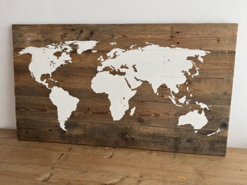 120 cm x 67 cm wereldkaart op hout, wanddecoratie