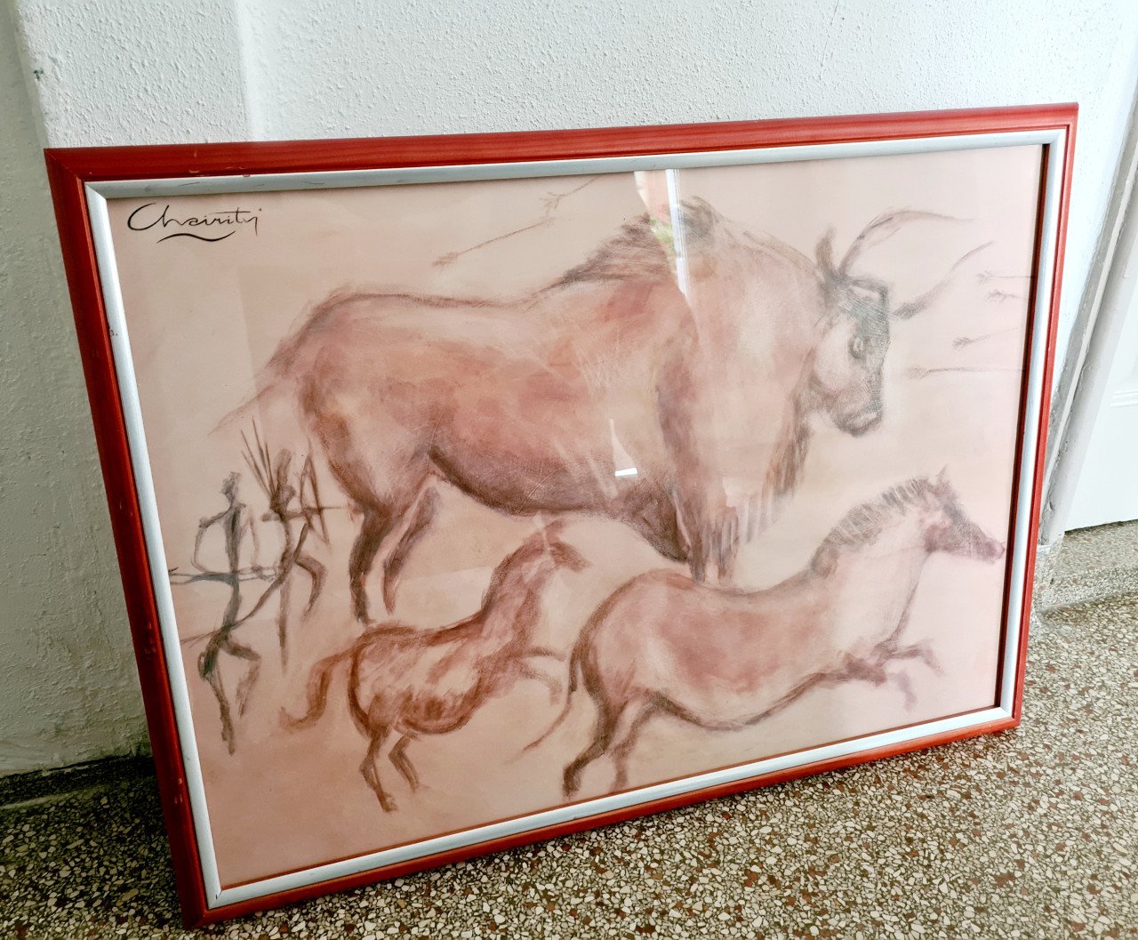 Poster van oerossen en paarden in grote houten schilderijlijst, 75x55 cm