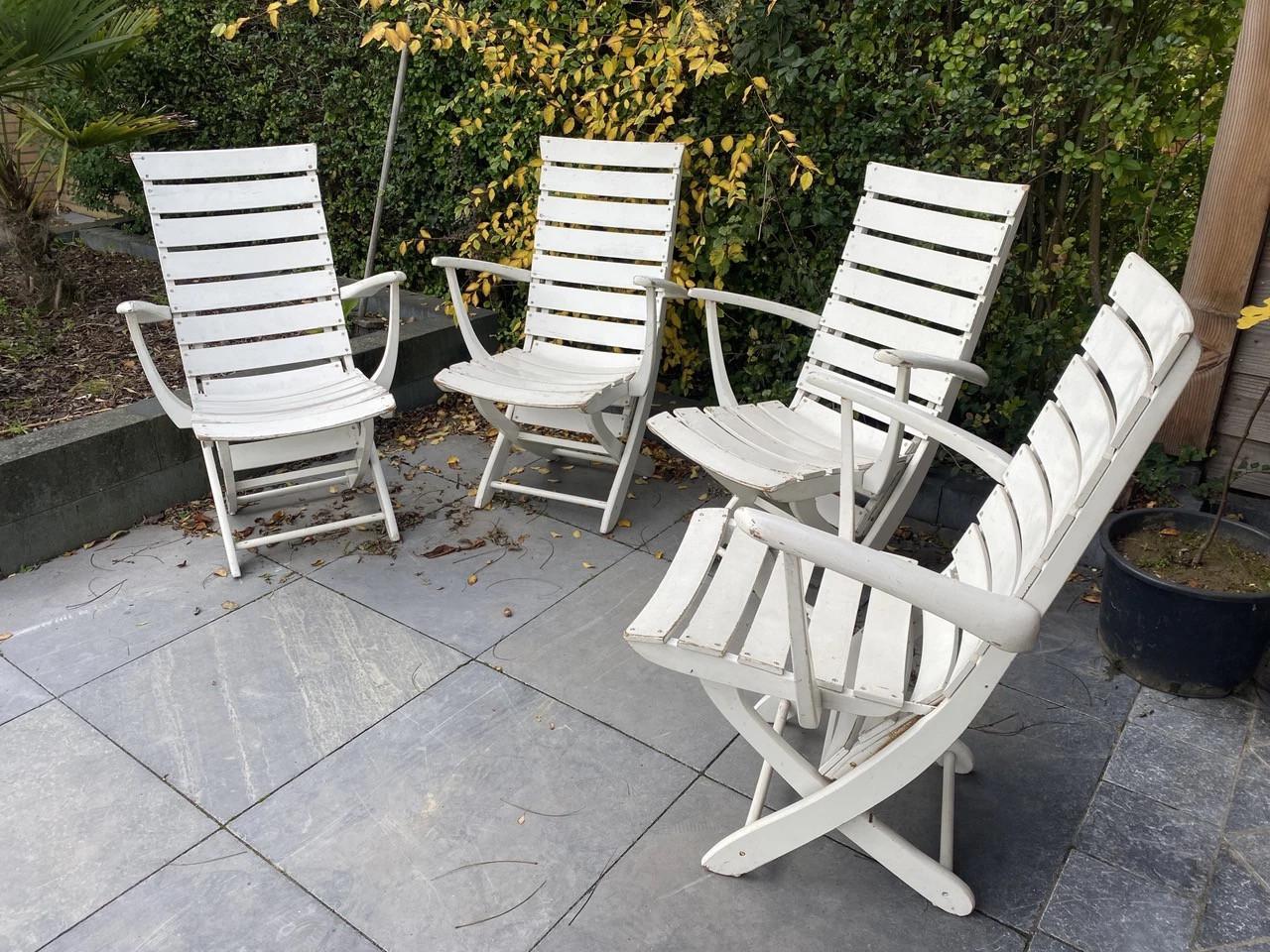 4 vintage houten brocante Franse verstelbare tuinstoelen serrestoelen