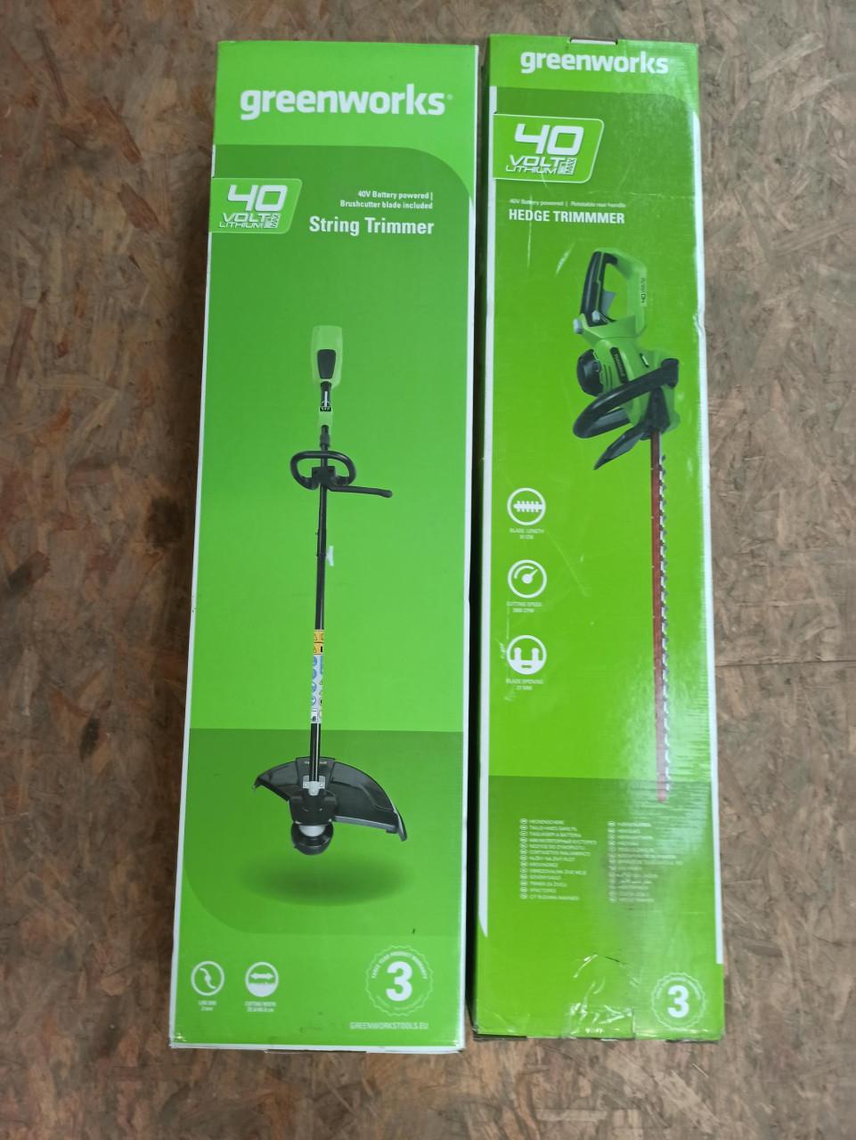 Nieuw in doos Greenworks  set Trimmer en Heggenschaar inclusief accu en lad