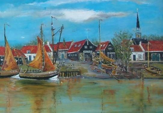 Arnemuiden  haven  werf van vroeger op doek 120 x 60 cm