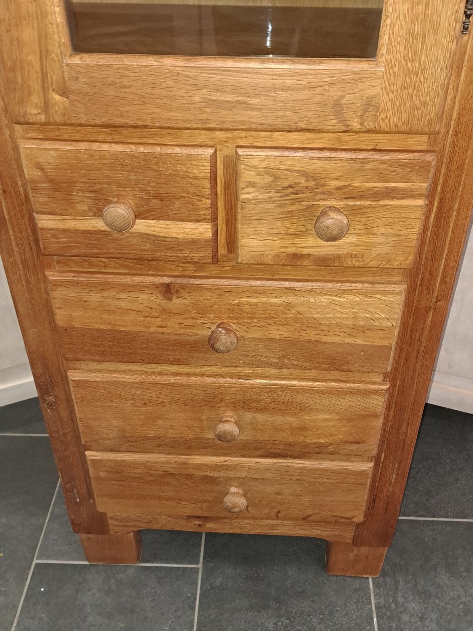 🌞 Mooie oude massief eiken hoge kast met vitrinegedeelte en 5 laden 🌞