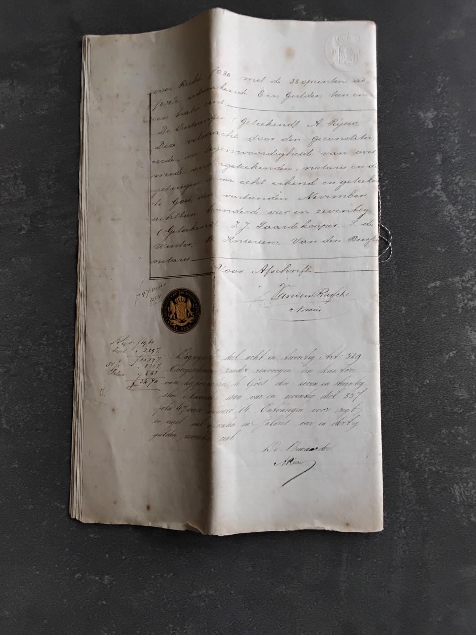 Handgeschreven akte van openbare veiling te Goes  jr 1874