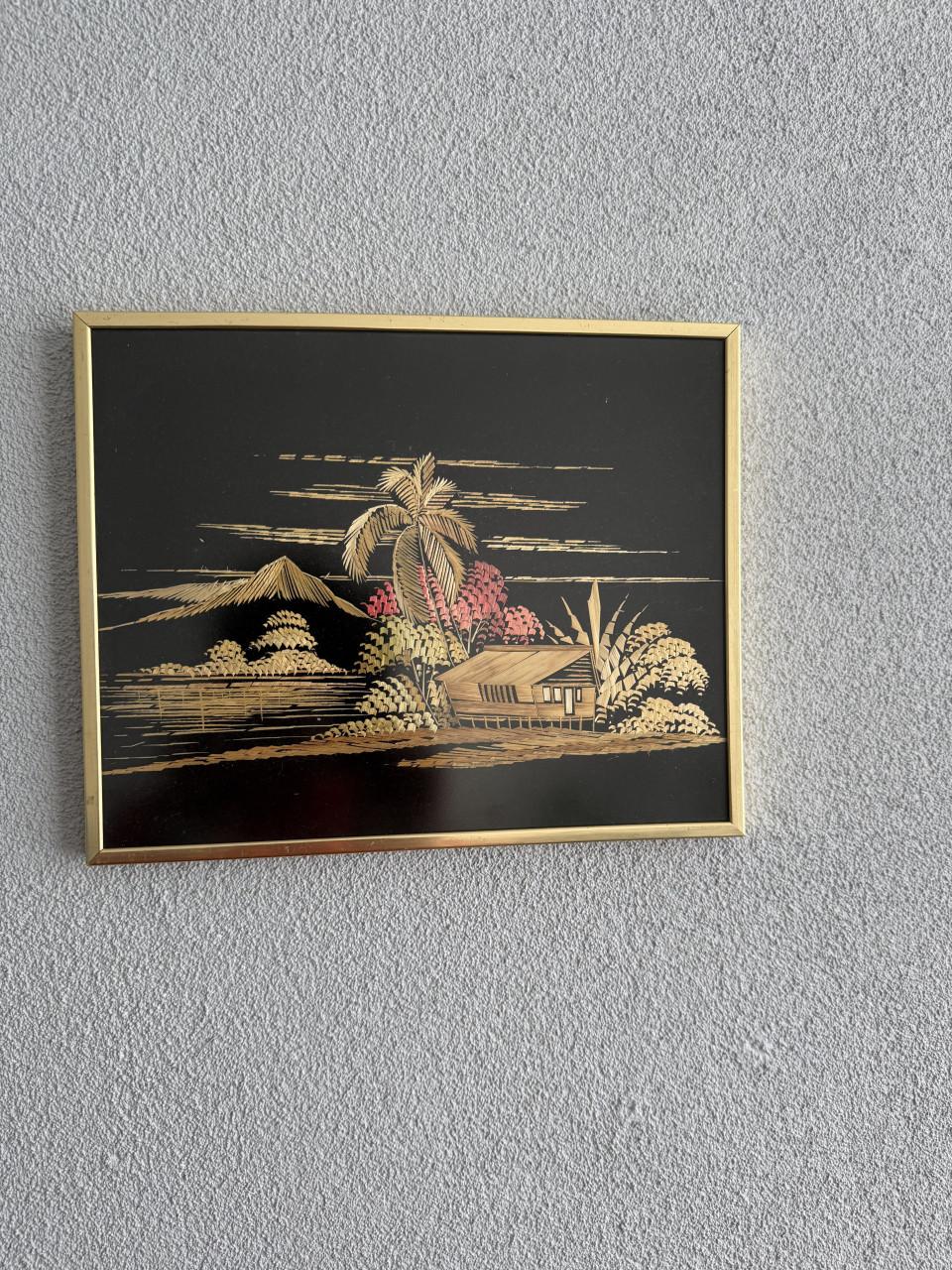 Vintage retro Aziatische rijststro kunst. (2 stuks)