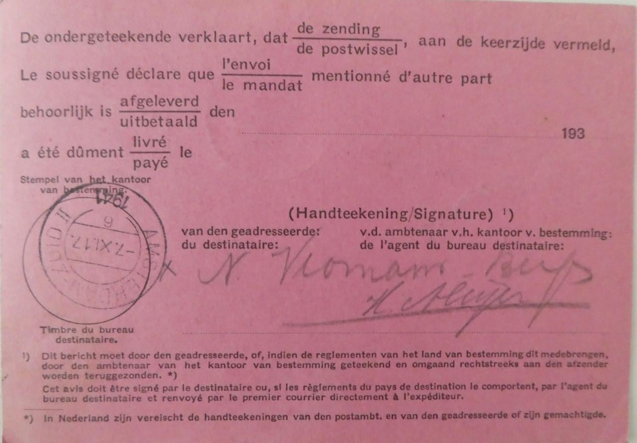 Ontvangstbericht, 1941, Ned. Posterijen, Amsterdam - Sluis