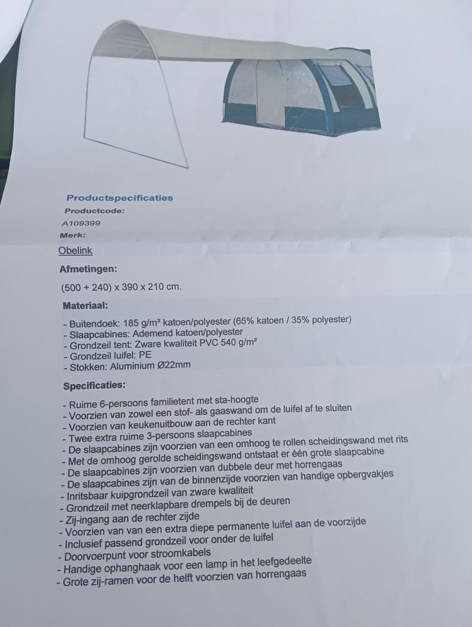 6 persoons familie tent met karretje incl keuken