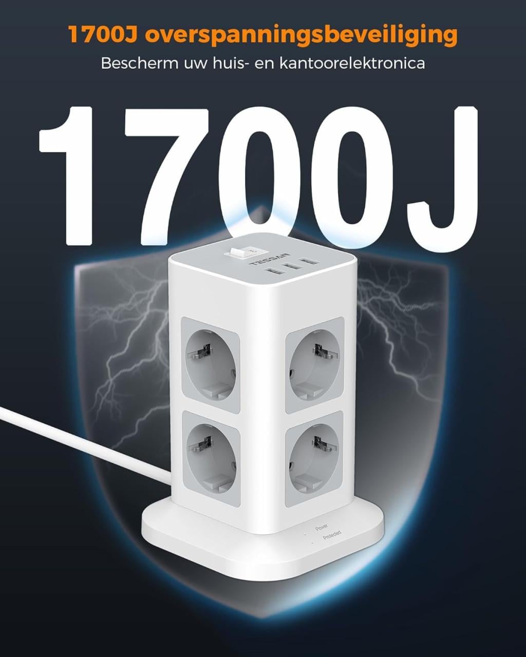 TESSAN 8 Voudige Stekkerdoos, Stekkerdoos met 3 USB poorten