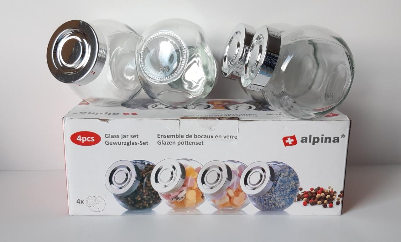 4 Alpina glazen voorraadpotjes met schroefdeksel met vlakke bodem