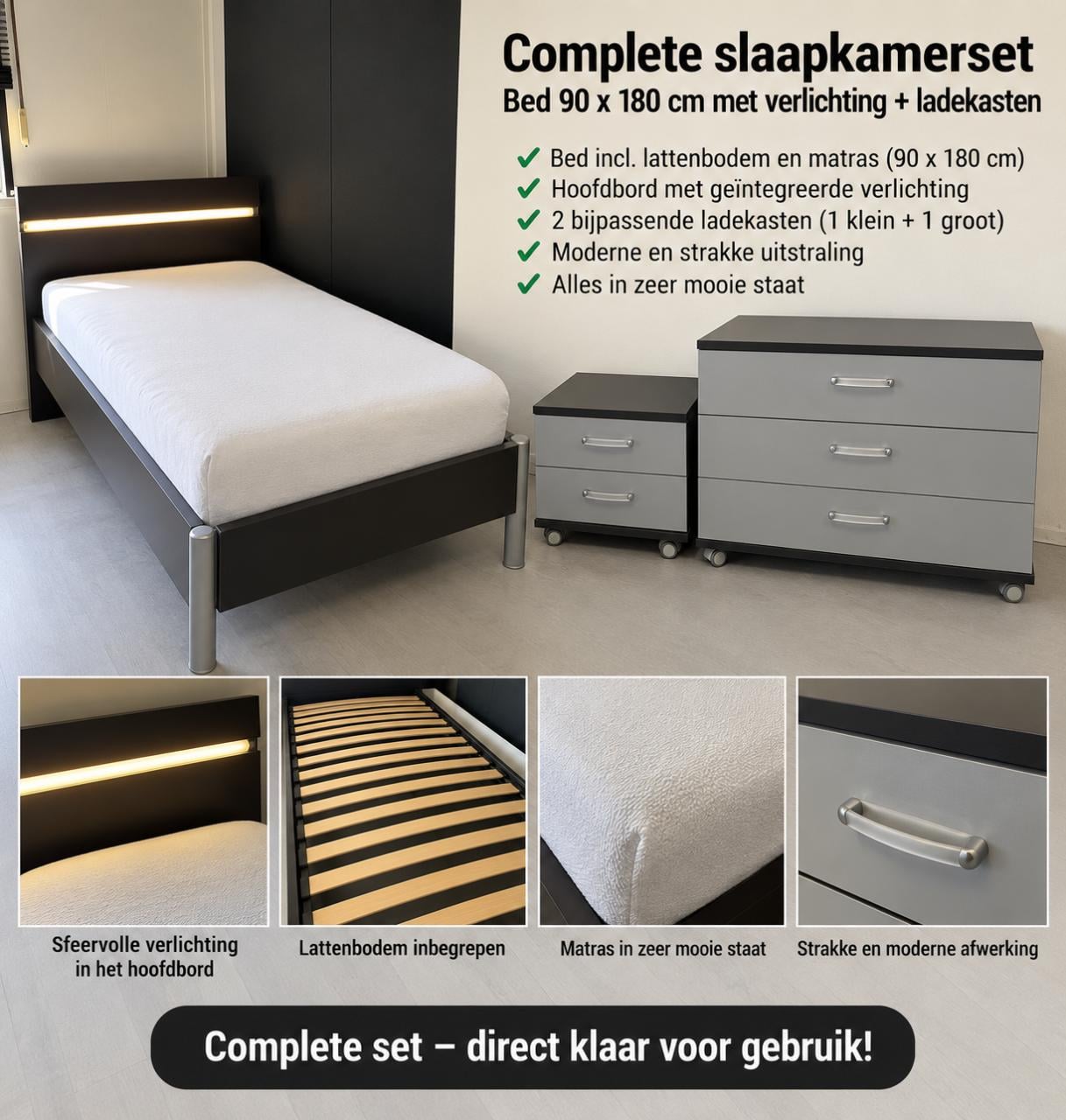 Complete slaapkamerset – bed 90x180 + 2 ladenkasten