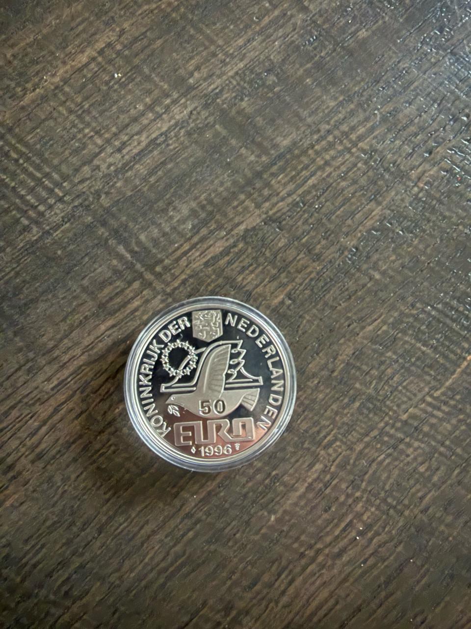 Zilveren 50 Euro munt ter herdenking van Willem Barentsz uit 1996.