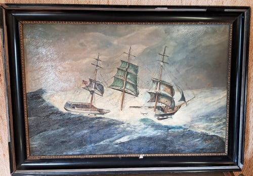 Schilderij schip in storm