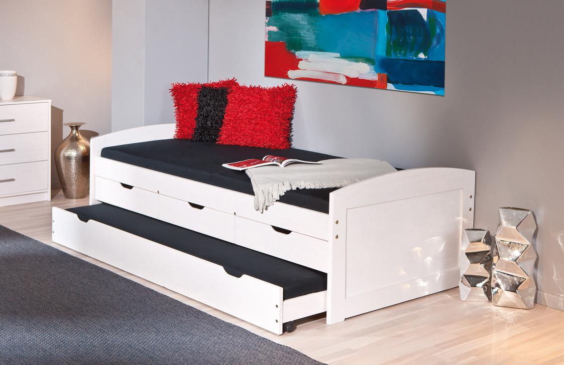 Kinderbed in Wit grenen massief hout 90 x 200 cm. 3 lades