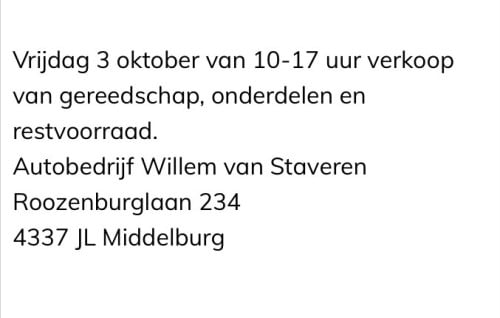 Vrijdag 3 oktober verkoop gereedschappen, onderdelen en restvoorraad
