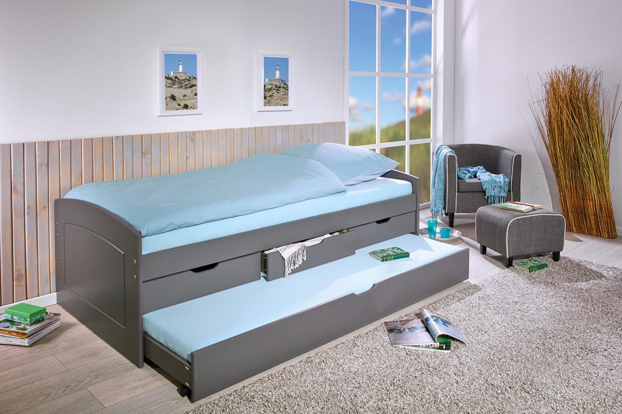 Kinderbed in Wit grenen massief hout 90 x 200 cm. 3 lades