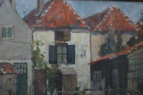 Klein olieverf Huisjes (in Veere??) 1938