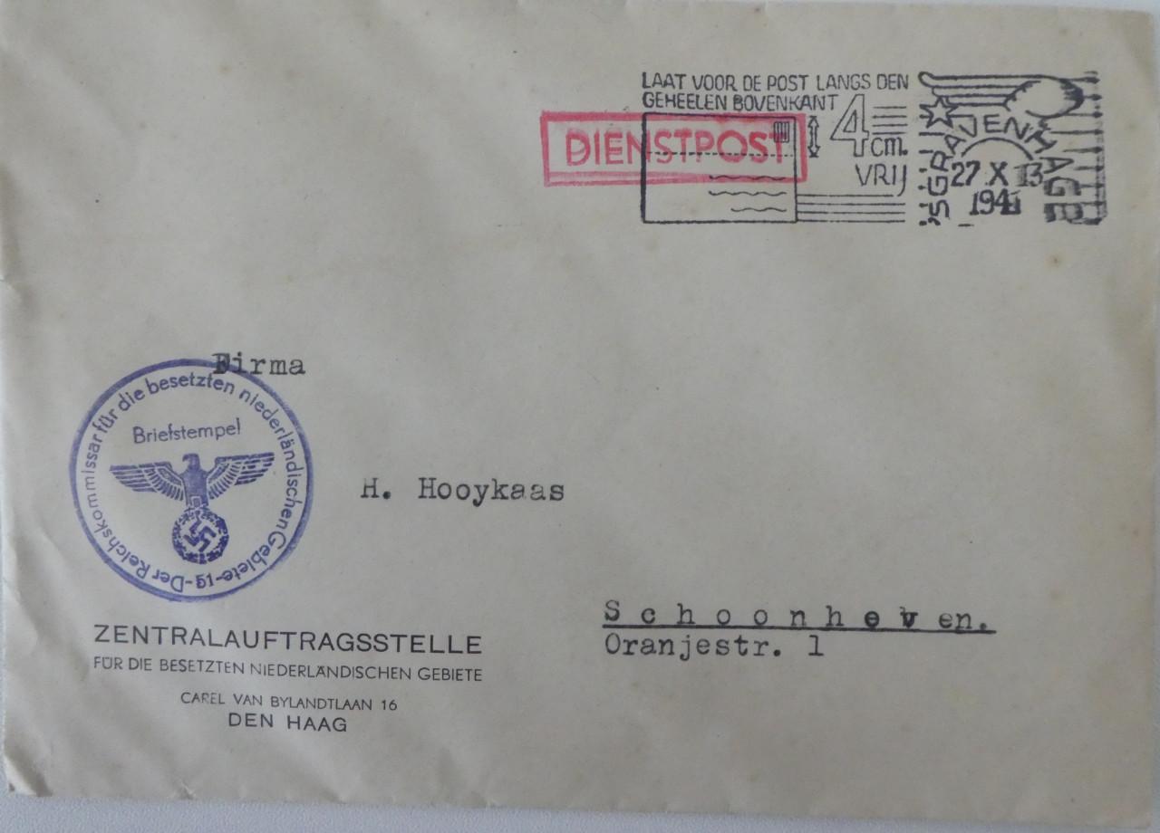 Envelop – 1941 – Zentralauftragsstelle, den Haag WW II