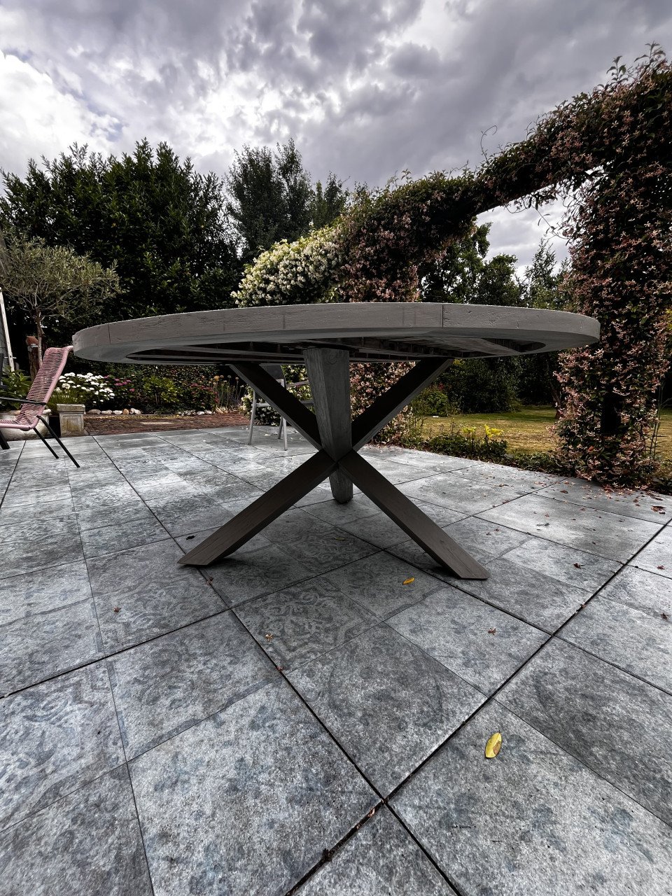 Ronde Tuintafel, teak, greywash, 160 cm!