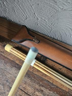 Vintage Biljartkeu, hout en messing met leren koker