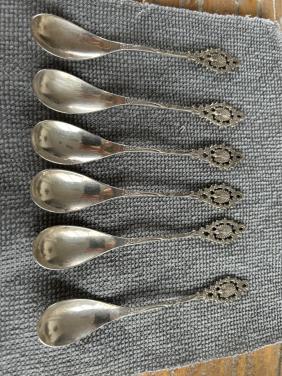 Set van 6 zilveren pauwen lepeltjes