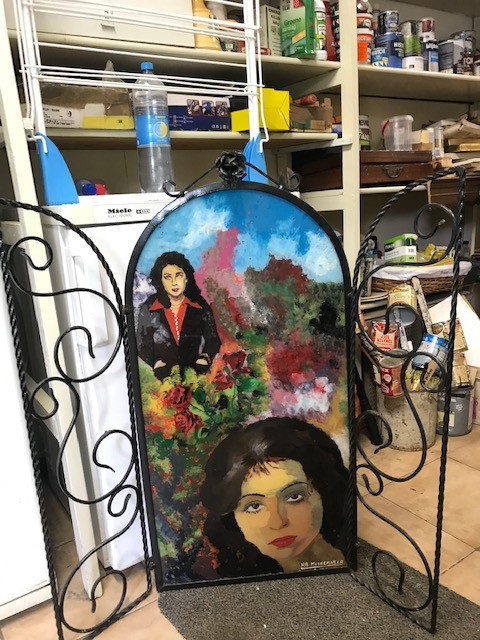 Te koop; glas schilderij kunst Vicky Leandros  haardscherm vintage retro