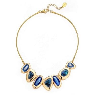 Halsketting goudkleurig en marineblauwe parelmoer inleg