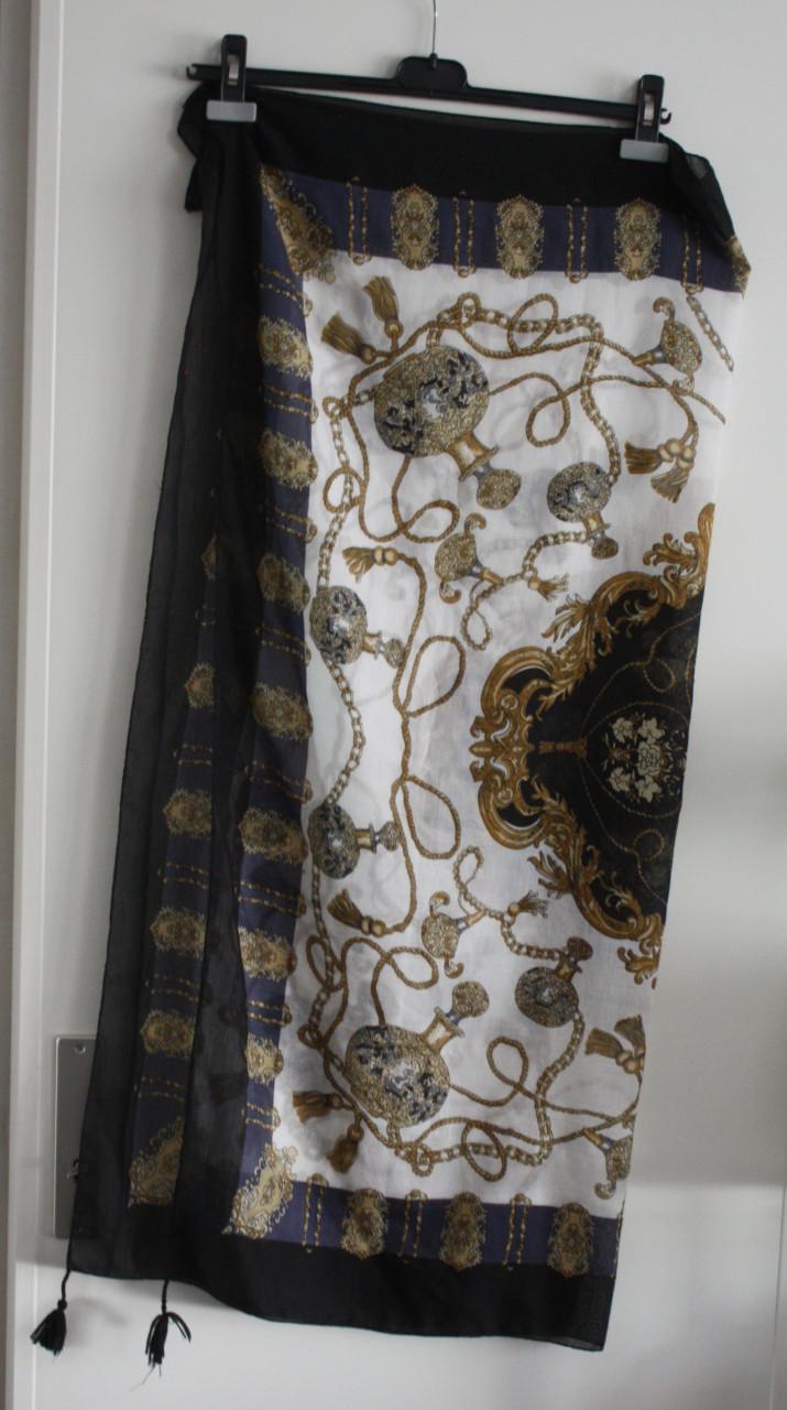Sjaal zwart wit blauw goud print