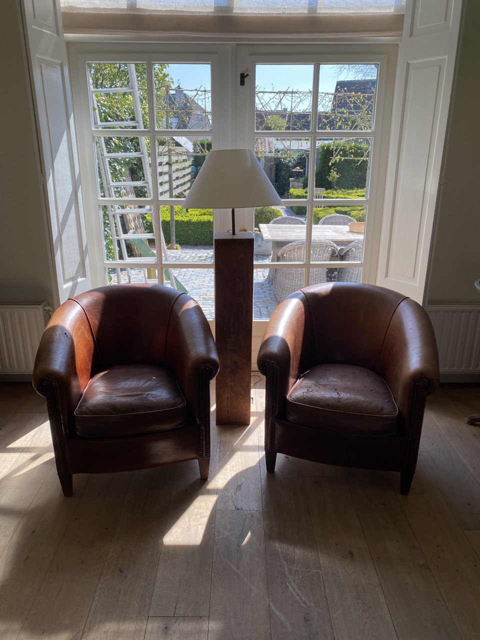 Set vintage schapenleren club fauteuils
