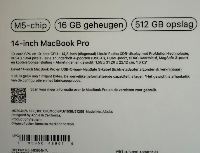 APPLE MacBook Pro M5 (2025) -16GB - 512GB -NIEUW -GESEALD-