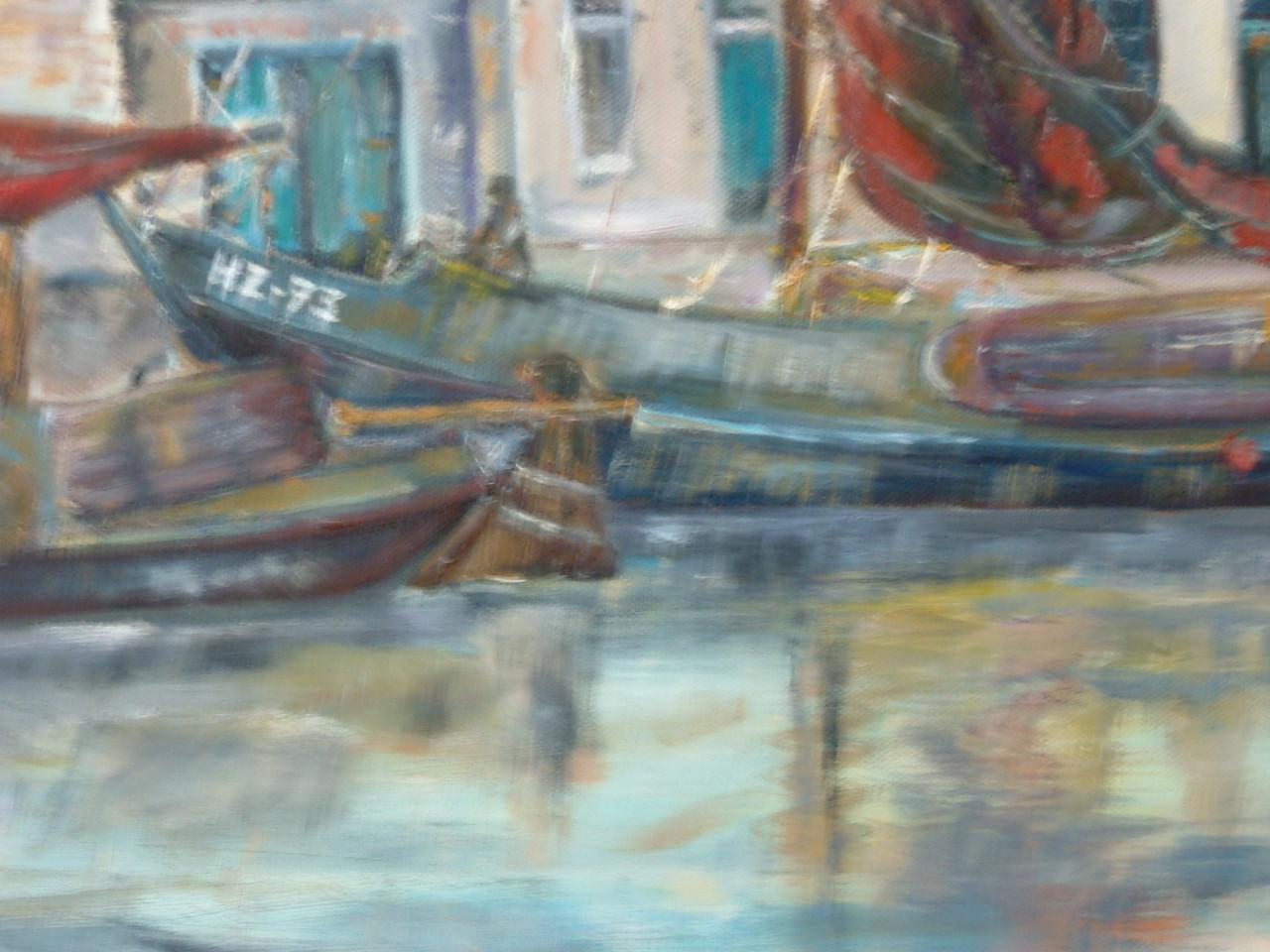Zuiderzee botters in de haven   140 x 80 cm  olie verf  Jac Caljouw