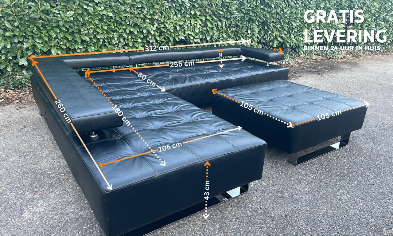 Montèl Cipriani Design Hoekbank-Zwart Echt Leer-Luxe Hocker-Gratis Levering