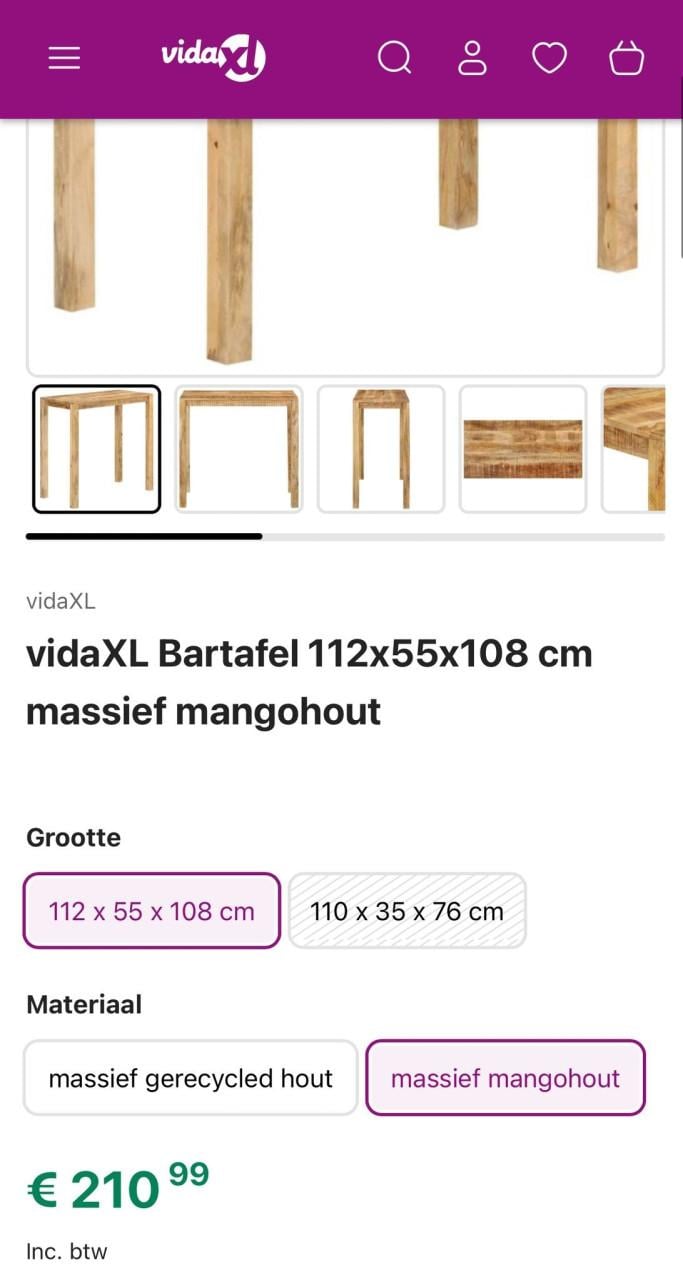 Vida XL Bartafel van mangohout