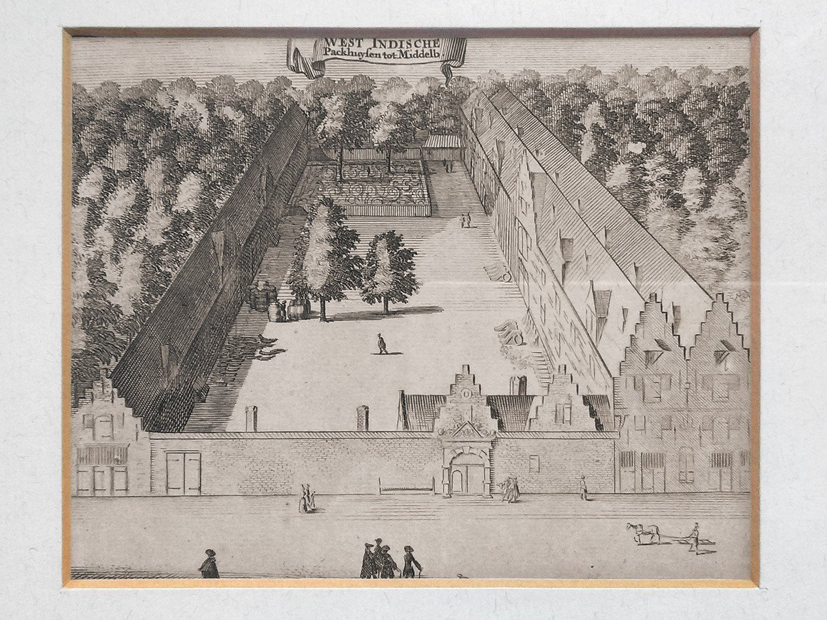 Gravure West-Indische Pakhuizen te Middelburg