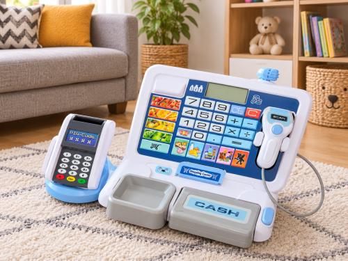 Speelgoedkassa met een afneembare tablet en een realistische pinautomaat